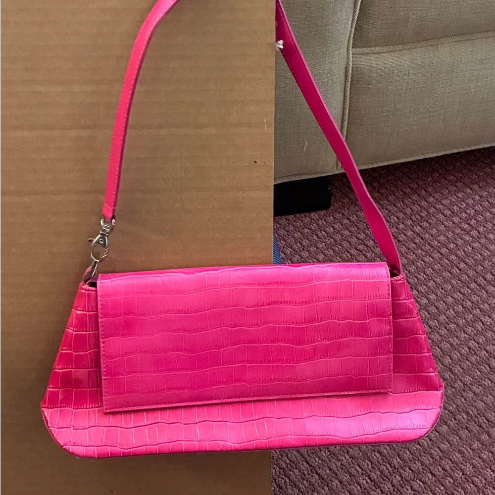 Pink Crocodile-Embossed Shoulder Bag